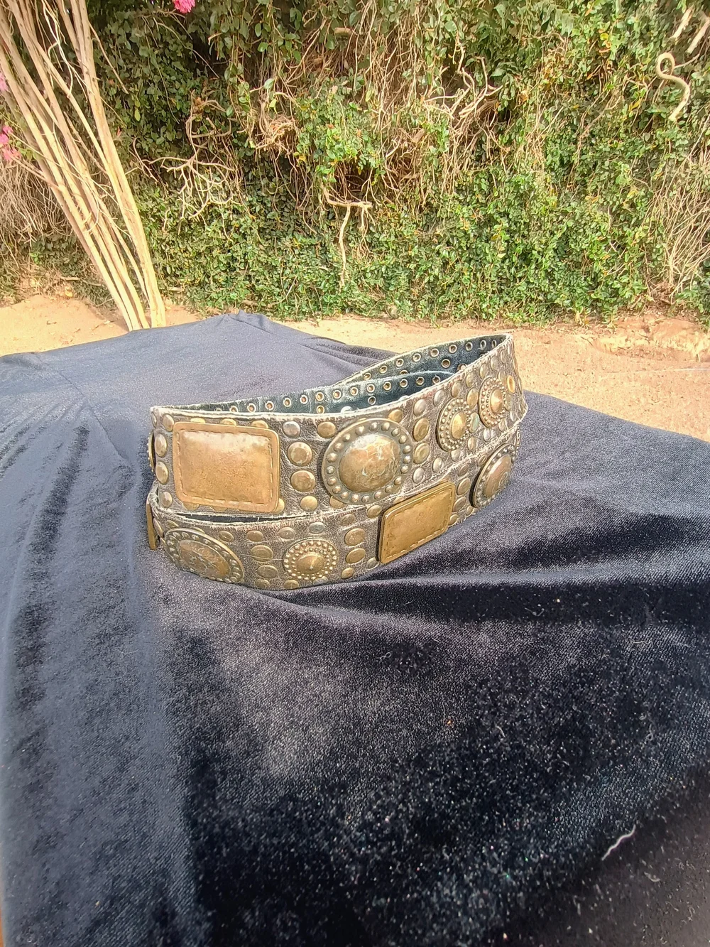 Studded Brass Accent Leather Belt - Black with Brass Hardware